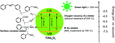 Graphical abstract: Dual modification of TiNb2O7 with nitrogen dopants and oxygen vacancies for selective aerobic oxidation of benzylamine to imine under green light