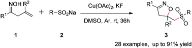 Graphical abstract: Copper-mediated oxysulfonylation of alkenyl oximes with sodium sulfinates: a facile synthesis of isoxazolines featuring a sulfone substituent