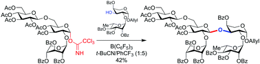 Graphical abstract: Rapid assembly of the doubly-branched pentasaccharide domain of the immunoadjuvant jujuboside A via convergent B(C6F5)3-catalyzed glycosylation of sterically-hindered precursors