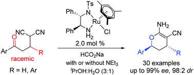 Graphical abstract: A dynamic kinetic asymmetric transfer hydrogenation–cyclization tandem reaction: an easy access to chiral 3,4-dihydro-2H-pyran-carbonitriles