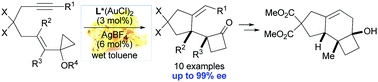 Graphical abstract: Enantioselective gold(i)-catalyzed rearrangement of cyclopropyl-substituted 1,6-enynes into 2-oxocyclobutyl-cyclopentanes