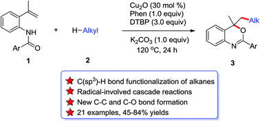 Graphical abstract: Copper-catalyzed radical cascade oxyalkylation of olefinic amides with simple alkanes: highly efficient access to benzoxazines