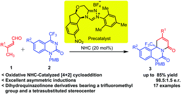 Graphical abstract: N-Heterocyclic carbene-catalyzed [4+2] annulation of β-methyl enals and cyclic trifluoromethyl ketimines for the asymmetric synthesis of dihydroquinazolinone derivatives