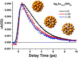 Graphical abstract: Composition-dependent electronic energy relaxation dynamics of metal domains as revealed by bimetallic Au144−xAgx(SC8H9)60 monolayer-protected clusters