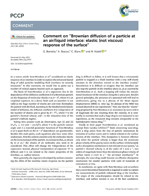 Comment on “Brownian diffusion of a particle at an air/liquid interface: elastic (not viscous) response of the surface”