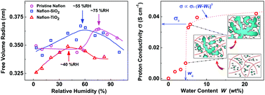 Graphical abstract: Positron annihilation characteristics, water uptake and proton conductivity of composite Nafion membranes