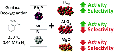 Graphical abstract: An investigation into support cooperativity for the deoxygenation of guaiacol over nanoparticle Ni and Rh2P