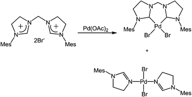 Graphical abstract: Chelated bis(NHC) complexes of saturated (imidazolin-2-ylidene) NHC ligands: structural authentication and facile ligand fragmentation