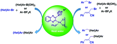 Graphical abstract: Synthesis of zwitterionic palladium complexes and their application as catalysts in cross-coupling reactions of aryl, heteroaryl and benzyl bromides with organoboron reagents in neat water