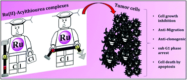 Graphical abstract: Half sandwich Ru(ii)-acylthiourea complexes: DNA/HSA-binding, anti-migration and cell death in a human breast tumor cell line