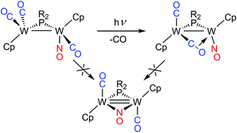 Graphical abstract: Terminal vs. bridging coordination of CO and NO ligands after decarbonylation of [W2Cp2(μ-PR2)(CO)3(NO)] complexes (R = Ph, Cy). An experimental and computational study
