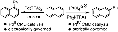 Graphical abstract: Computational study of selectivity in the [PtIICl4]2−-catalysed arylation of arenes by diaryliodonium reagents: arene activation at PtIV centres