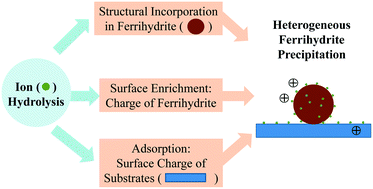 Graphical abstract: Impurity-bearing ferrihydrite nanoparticle precipitation/deposition on quartz and corundum