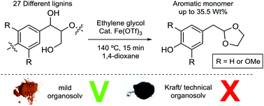 Graphical abstract: Phenolic acetals from lignins of varying compositions via iron(iii) triflate catalysed depolymerisation