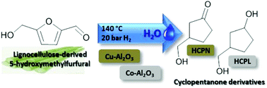 Graphical abstract: Selective conversion of 5-hydroxymethylfurfural to cyclopentanone derivatives over Cu–Al2O3 and Co–Al2O3 catalysts in water