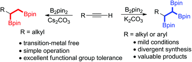 Graphical abstract: Base-controlled highly selective synthesis of alkyl 1,2-bis(boronates) or 1,1,2-tris(boronates) from terminal alkynes