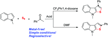 Graphical abstract: Solvent-controlled highly regio-selective thieno[2,3-b]indole formation under metal-free conditions