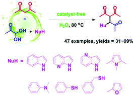 Graphical abstract: Facile synthesis of 1,4-diketones via three-component reactions of α-ketoaldehyde, 1,3-dicarbonyl compound, and a nucleophile in water