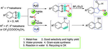 Graphical abstract: Water-promoted synthesis of fused bicyclic triazolines and naphthols from oxa(aza)bicyclic alkenes and transformation via a novel ring-opening/rearrangement reaction