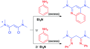 Graphical abstract: Investigation of the full reversal of selectivity in the reaction of aniline with 1,3-dichloro-1,3-bis(dimethylamino)vinamidinium salts