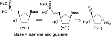 Graphical abstract: Rapid synthesis of carbonucleoside phophonate analogues as potential antiviral agents via a hydrophosphonylation reaction of ethynyl carbocyclic precursors