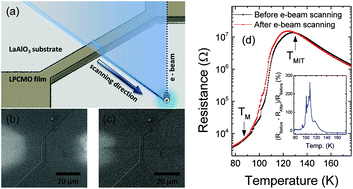 Graphical abstract: Electron beam induced tunneling magnetoresistance in spatially confined manganite bridges