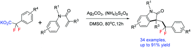 Graphical abstract: Ag(i)-Catalyzed oxidative decarboxylation of difluoroacetates with activated alkenes to form difluorooxindoles