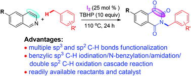Graphical abstract: Iodine-catalyzed oxidative multiple C–H bond functionalization of isoquinolines with methylarenes: an efficient synthesis of isoquinoline-1,3,4(2H)-triones
