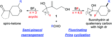 Graphical abstract: Ring strain-dictated divergent fluorinating Prins cyclization or semipinacol rearrangement