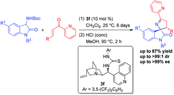 Graphical abstract: An enantioselective synthesis of spiro-oxindole-based 3,4-dihydropyrroles via a Michael/cyclization cascade of 3-aminooxindoles with 2-enoylpyridines