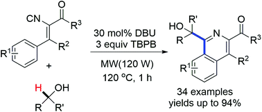 Graphical abstract: Microwave-assisted synthesis of hydroxyl-containing isoquinolines by metal-free radical cyclization of vinyl isocyanides with alcohols