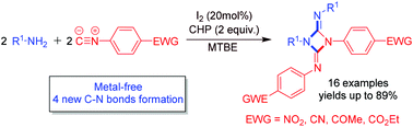 Graphical abstract: I2/CHP mediated [1 + 1 + 1 + 1] cyclization of aromatic isocyanides with amines to construct 1,3-diazetidine-2,4-diimine derivatives