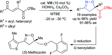 Graphical abstract: Catalytic enantioselective synthesis of carboxy-substituted 2-isoxazolines by cascade oxa-Michael-cyclization