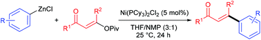 Graphical abstract: Nickel-catalyzed cross-coupling of β-carbonyl alkenyl pivalates with arylzinc chlorides