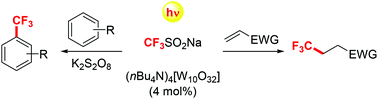 Graphical abstract: Sunlight decatungstate photoinduced trifluoromethylations of (hetero)aromatics and electron-poor olefins