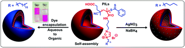 Graphical abstract: Self-assembly of poly(ionic liquid) (PIL)-based amphiphilic homopolymers into vesicles and supramolecular structures with dyes and silver nanoparticles