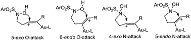 Graphical abstract: Computational insights into the mechanisms of Au(i)-catalysed intramolecular addition of the hydroxylamine group onto alkynes