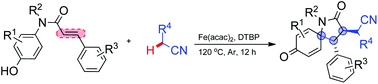 Graphical abstract: Iron-catalyzed cascade cyanoalkylation/radical dearomatization of N-phenylcinnamamides: access to cyanoalkylated 1-azaspiro[4.5]decanes