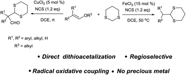 Graphical abstract: Regiodivergent radical oxidative coupling of vinyl ethers with dithiane by copper or iron catalysis