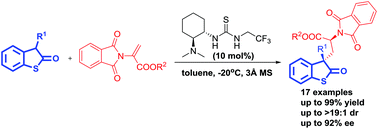 Graphical abstract: An enantioselective conjugate addition reaction of 3-substituted benzothiophen-2-ones and 2-phthalimidoacrylates