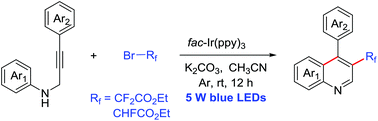 Graphical abstract: Photoredox-catalyzed cascade addition/cyclization of N-propargyl aromatic amines: access to 3-difluoroacetylated or 3-fluoroacetylated quinolines