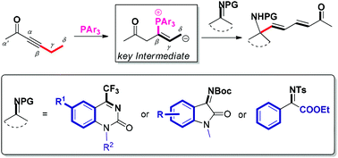 Graphical abstract: Phosphine catalyzed δ-carbon addition and isomerization of alkynones to ketimines: the preparation of 1,3-diene substituted dihydroquinazolinones and 3-aminooxindoles
