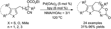 Graphical abstract: Pd-Catalyzed intramolecular C–H addition to the cyano-group: construction of functionalized 2,3-fused thiophene scaffolds