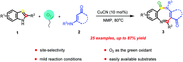 Graphical abstract: Cooperation of copper and dioxygen for the site-selective construction of benzo[1,5]diazocin-6(5H)-ones from indoles and enaminone analogues