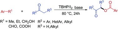Graphical abstract: I2/TBHP-mediated oxidative coupling of ketones and toluene derivatives: a facile method for the preparation of α-benzoyloxy ketones