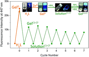 Graphical abstract: Ammonia-modulated reversible gel–solution phase transition and fluorescence switch for a salicylhydrazide-based metal–organic gel