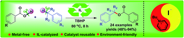 Graphical abstract: Reusable ionic liquid-catalyzed oxidative esterification of carboxylic acids with benzylic hydrocarbons via benzylic Csp3–H bond activation under metal-free conditions