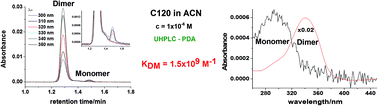 Graphical abstract: The application of a UHPLC system to study the formation of various chemical species by compounds undergoing efficient self-aggregation and to determine the homodimerization constants (KDM) with values in the high range of 106–1010 M−1