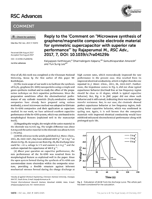 Reply to the ‘Comment on “Microwave synthesis of graphene/magnetite composite electrode material for symmetric supercapacitor with superior rate performance”’ by Rajaperumal M., RSC Adv., 2017, 7, DOI: 10.1039/c7ra04129b