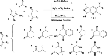 Graphical abstract: Microwave-assisted one-pot synthesis in water of carbonylpyrazolo[3,4-b]pyridine derivatives catalyzed by InCl3 and sonochemical assisted condensation with aldehydes to obtain new chalcone derivatives containing the pyrazolopyridinic moiety